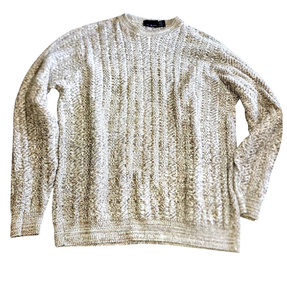 Bill Blass Cable Knit Crew Neck Ribbed Heathered Brown White Black Sweater LG
